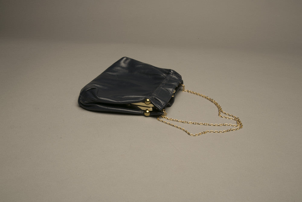 Vintage Little Bag Navy Blue Leather Golden Chain Handle HandBag Accessory