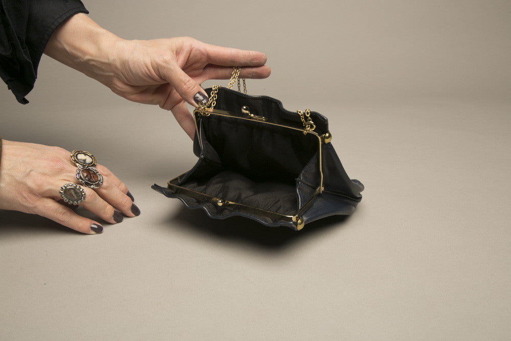 Vintage Little Bag Navy Blue Leather Golden Chain Handle HandBag Accessory
