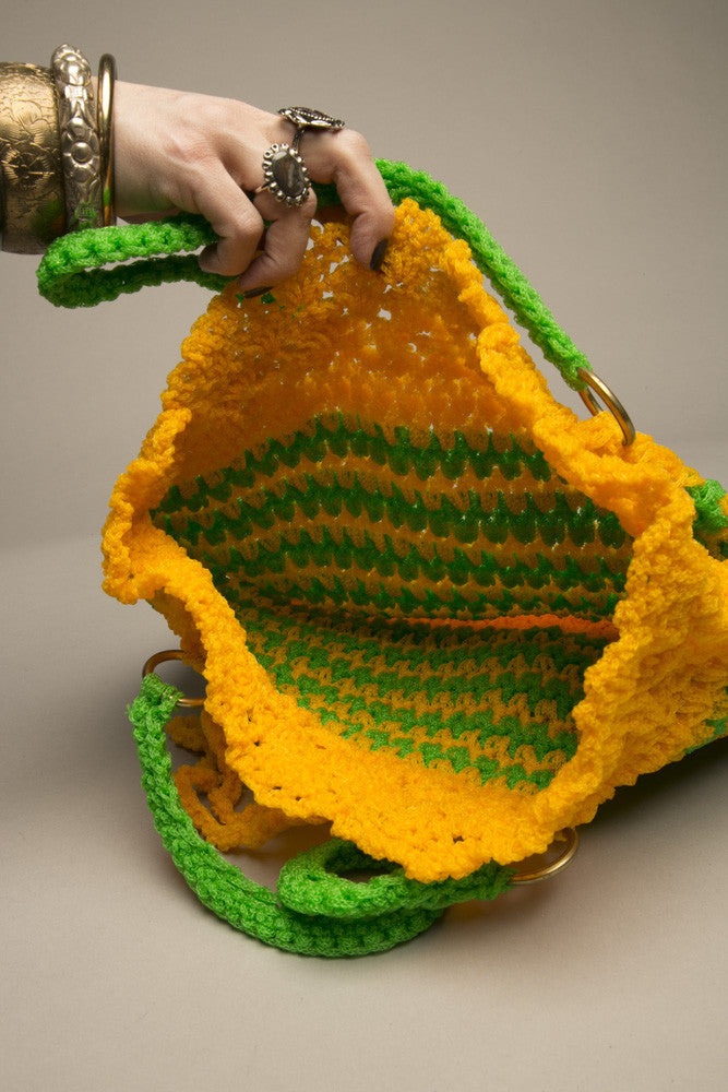 Tote Market Bag Bright Bold Stripes Yellow Green Woven Artisan Handmade