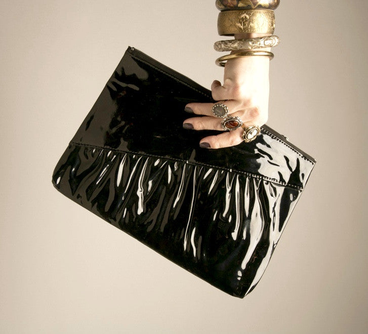 Large Black Clutch Glossy Shiny Faux Patent Leather Bag Vintage Accessory