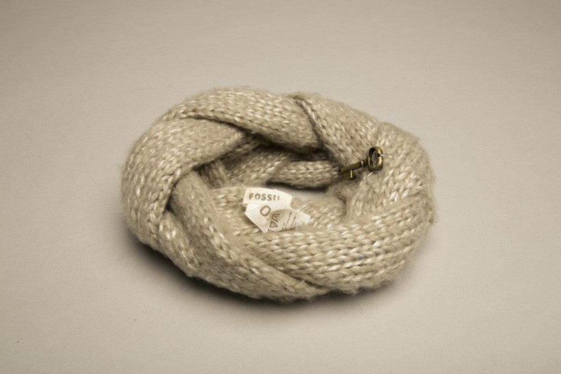 Fossil Winter Scarf with Skeleton Key Pendant in cozy knit.