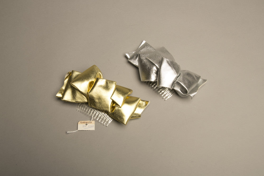 Metallic Gold Silver Hair Bow Comb Bold faux Leather Vintage 80s Accessory