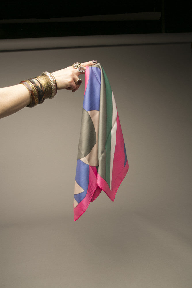 Vintage Scarf Pink Magenta Blue Green Tan Bold Head wrap Accessory