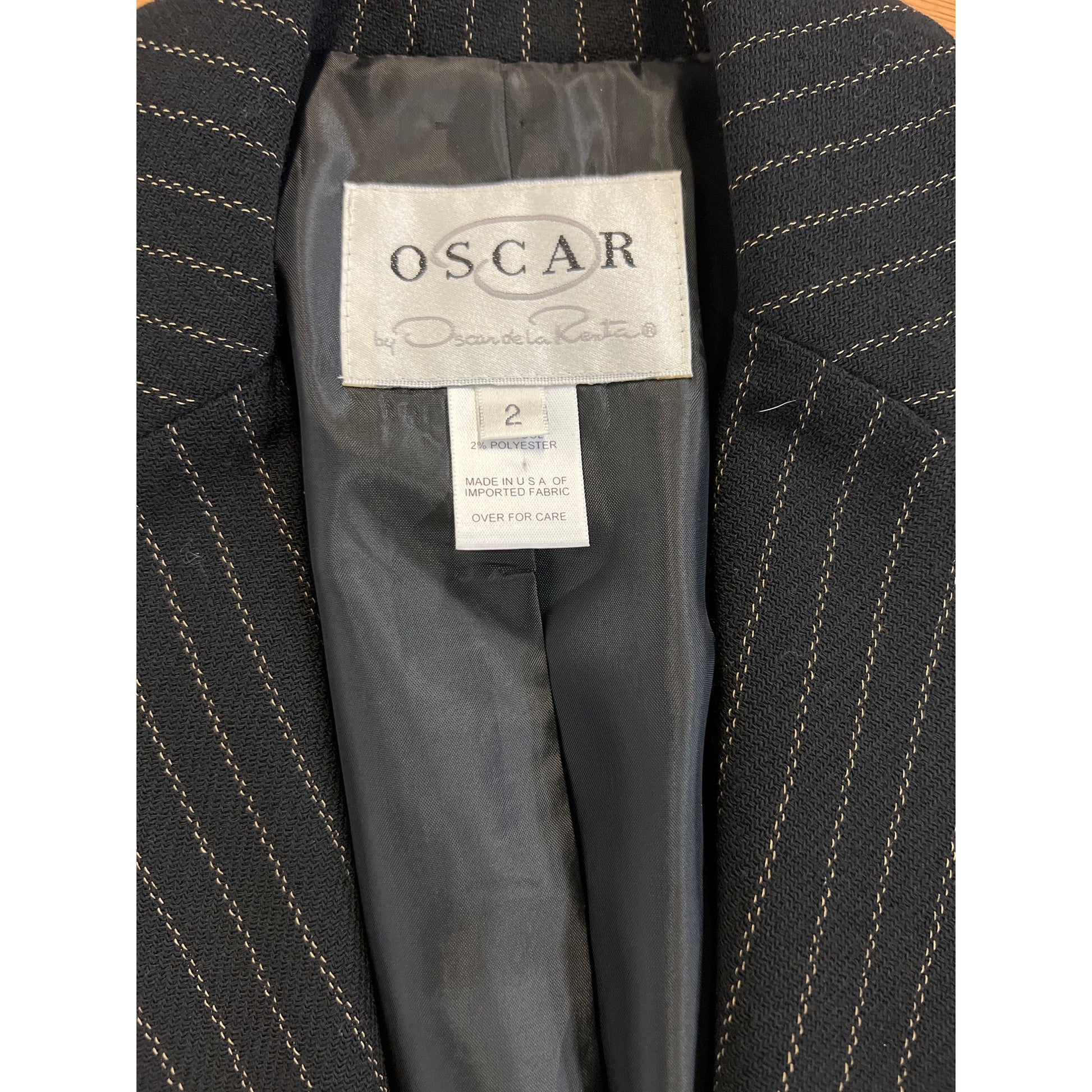 Oscar de la Renta Pinstripe Suit Black Beige Powerful Executive Size 2