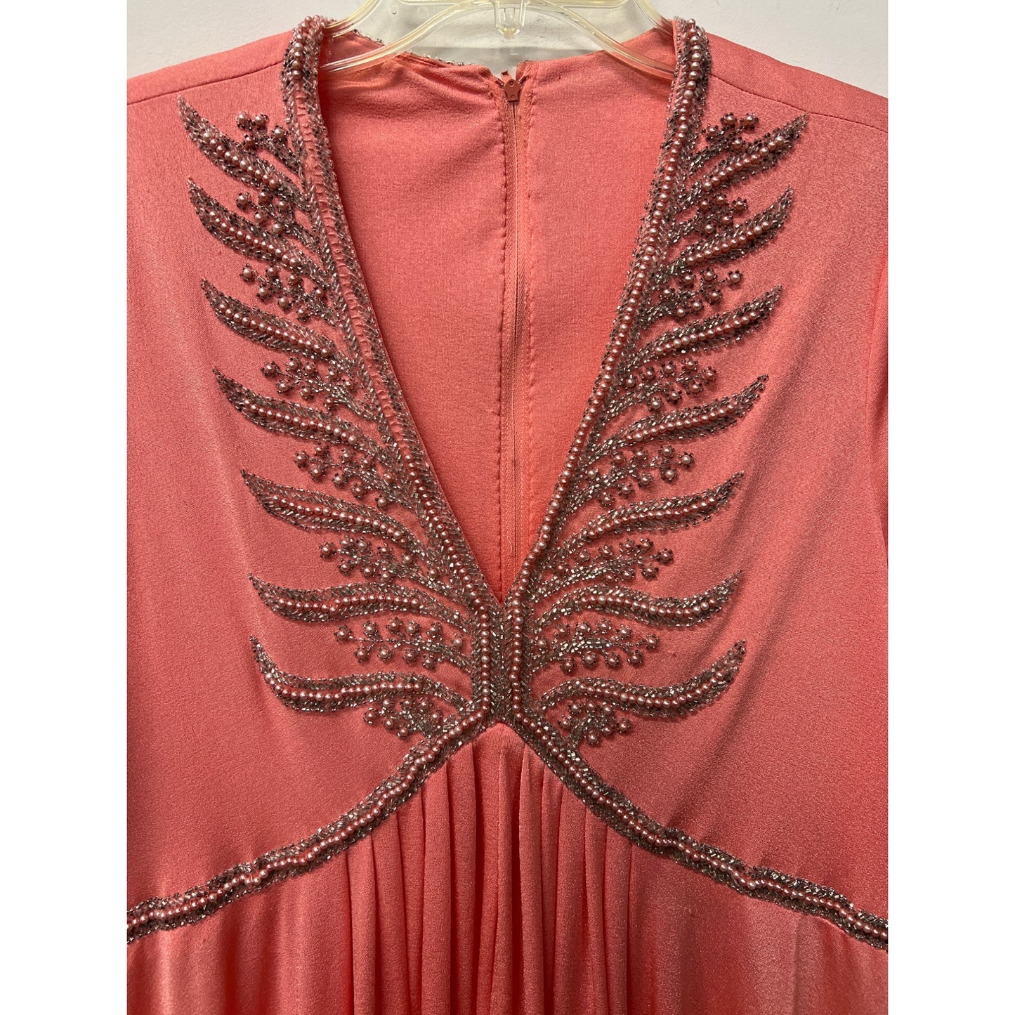 Vintage Jack Brian 1970 Maxi Dress Salmon Pink Beaded Special Evening