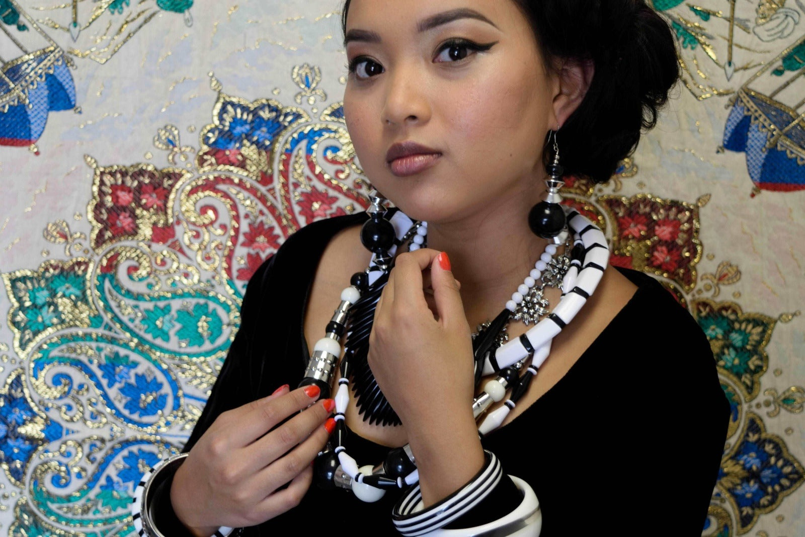 Black and White Framed Necklace Vintage Plastic Jewelry