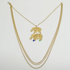 Elephant Etched Design Stones Pendant Golden Chain Necklace Vintage Jewelry