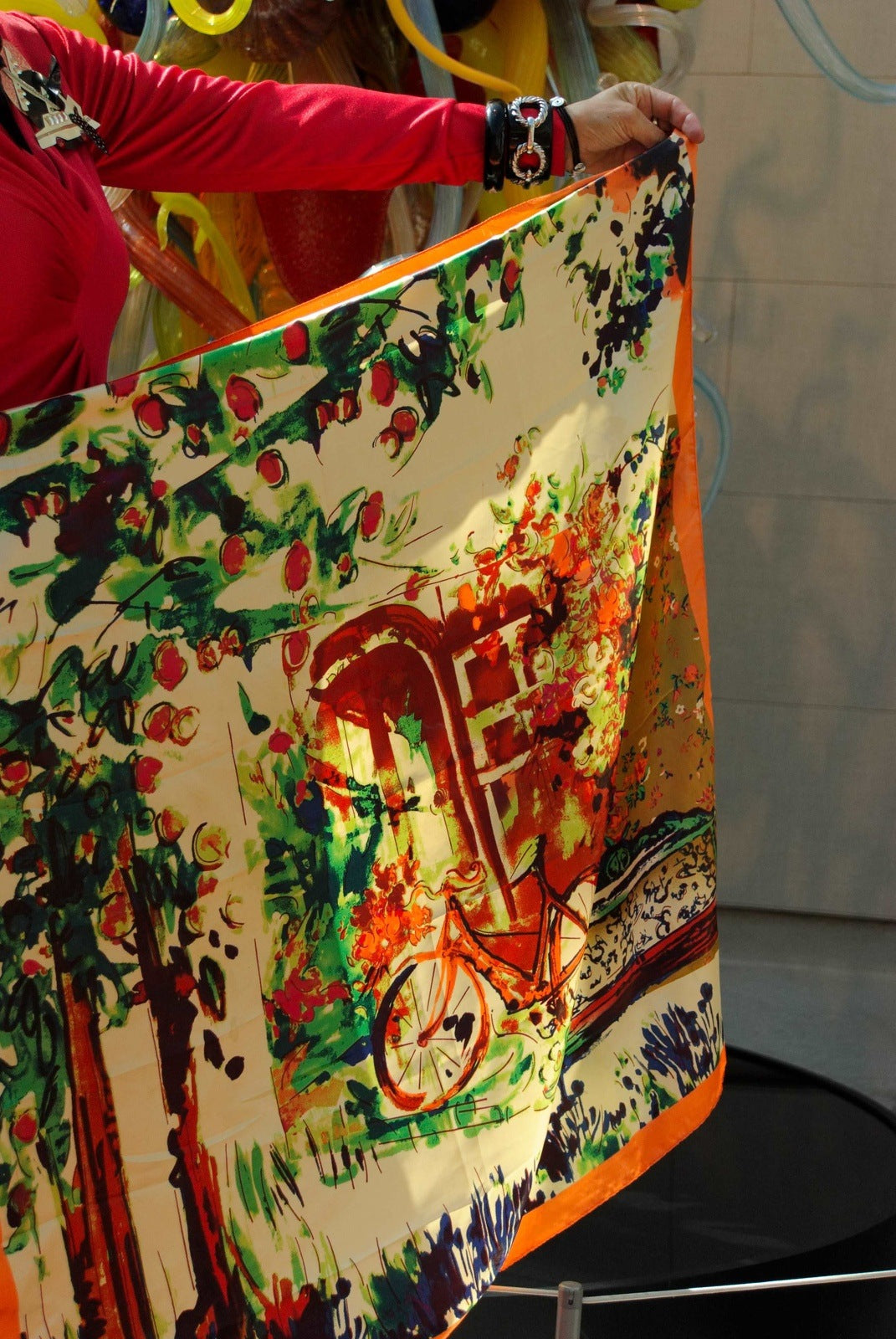 Bike French Scene Colorful Large Silk Scarf Vintage Accessory