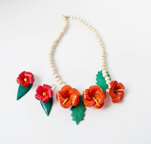 Hand Painted Wooden Red Floral Set Vintage Jewelry