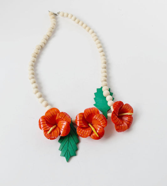 Hand Painted Wooden Red Floral Set Vintage Jewelry