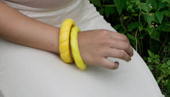 Yellow Bangle Carved Bracelet Vintage Plastic Jewelry