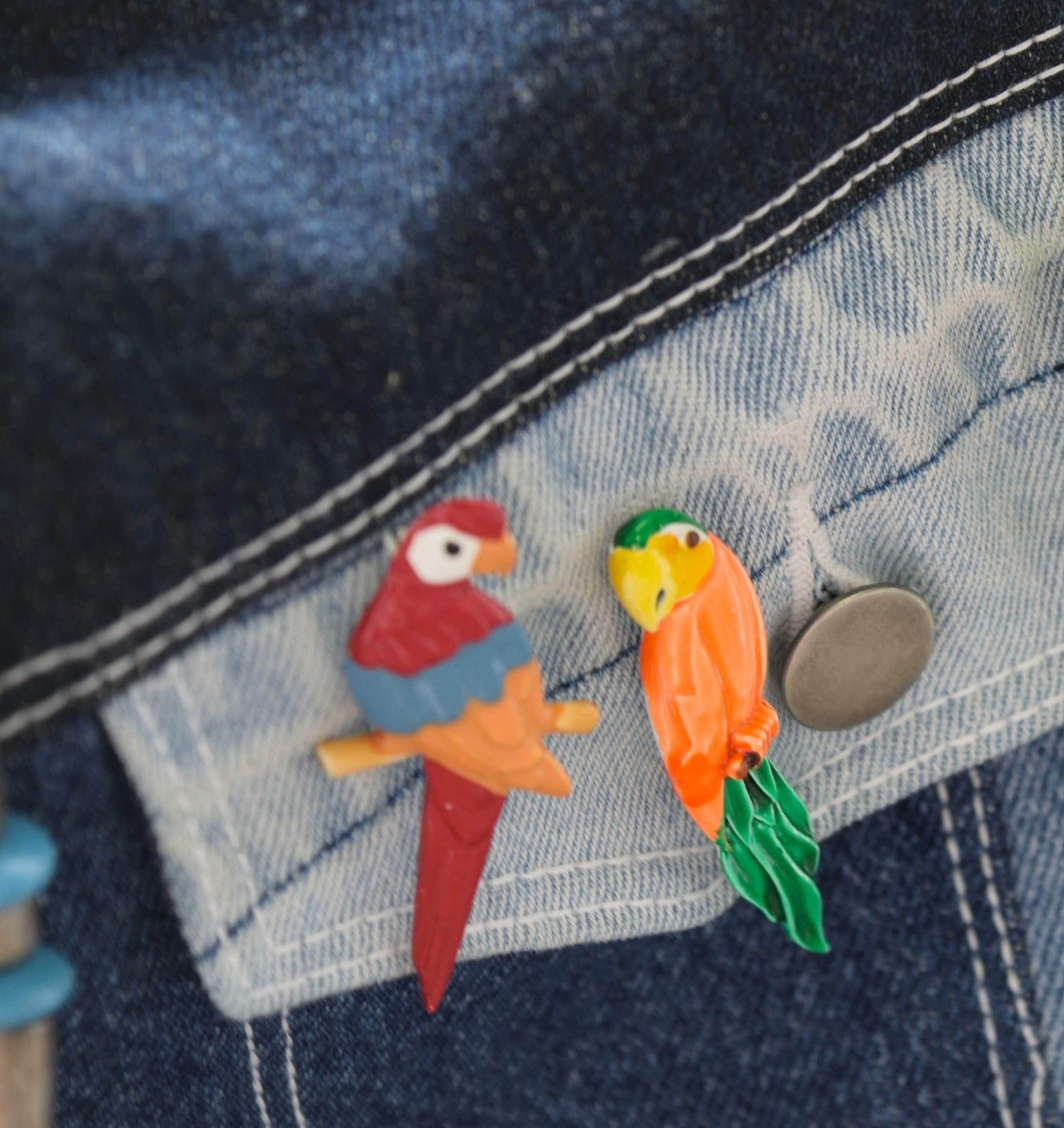 Set of 2 Parakeet Parrot Bird Figural Pin Brooch Vintage Jewelry