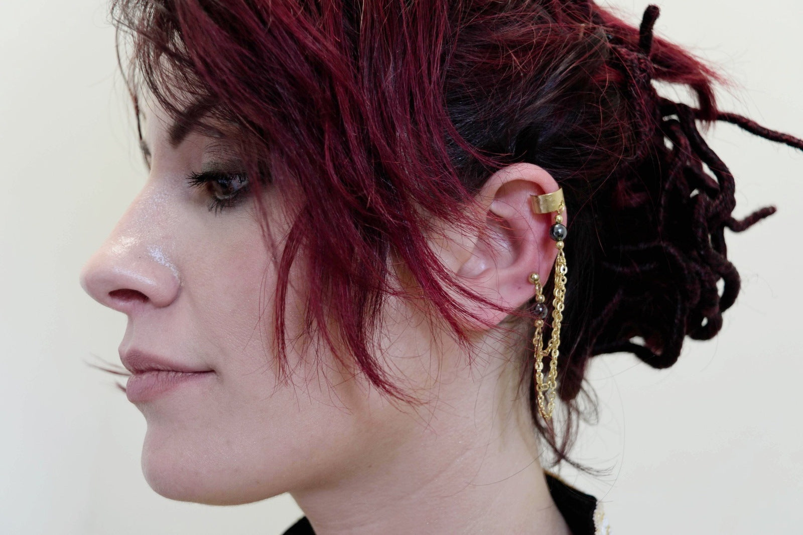Hematite Golden Chains Link Ear Cuff Single Earrings Vintage Jewelry