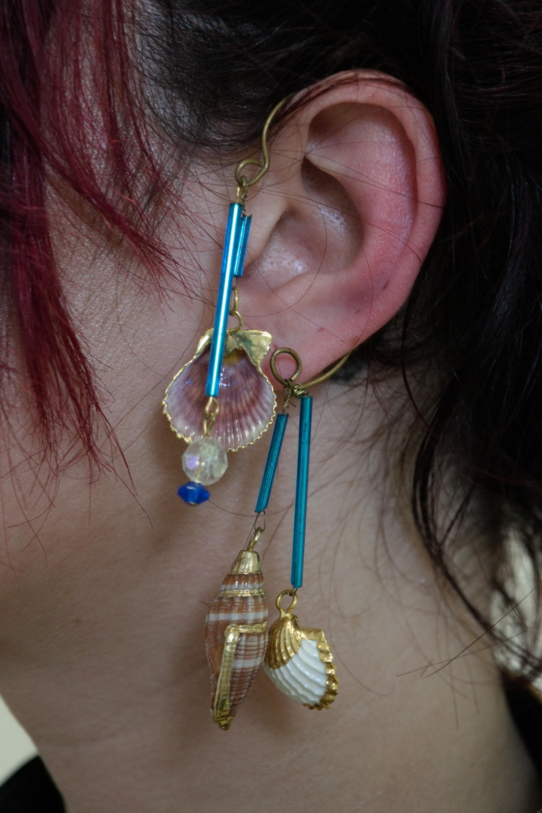 Sea Shells Blue Ear Cuff Single Earrings Vintage Jewelry