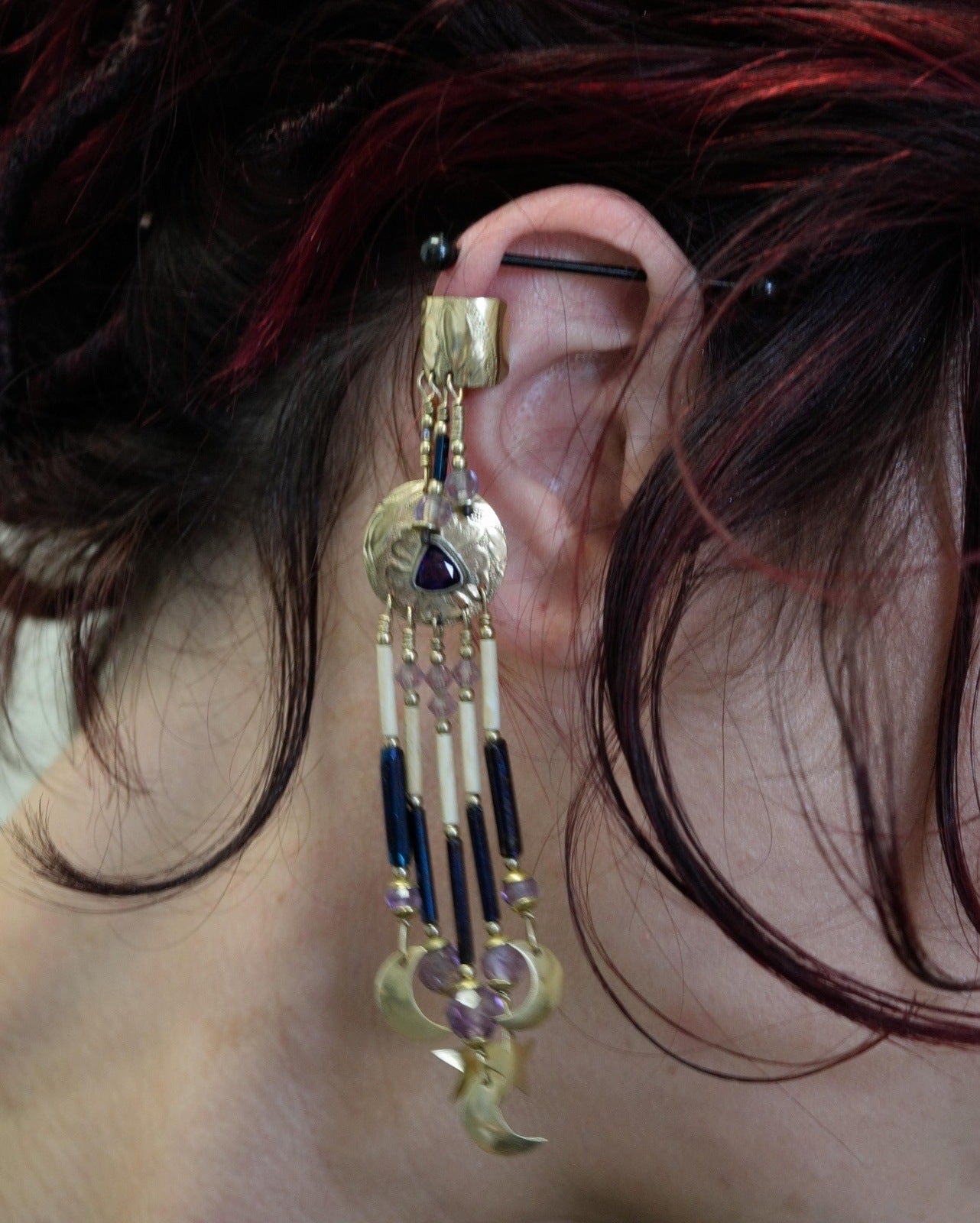 Purple Amethyst Moon Golden Ear Cuff Single Earrings Vintage Jewelry