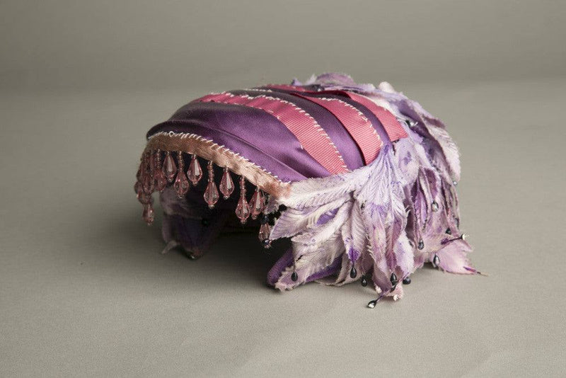 Blazsak Vintage Toque Hat with pink crystals, purple silk, and beaded fascinator design.