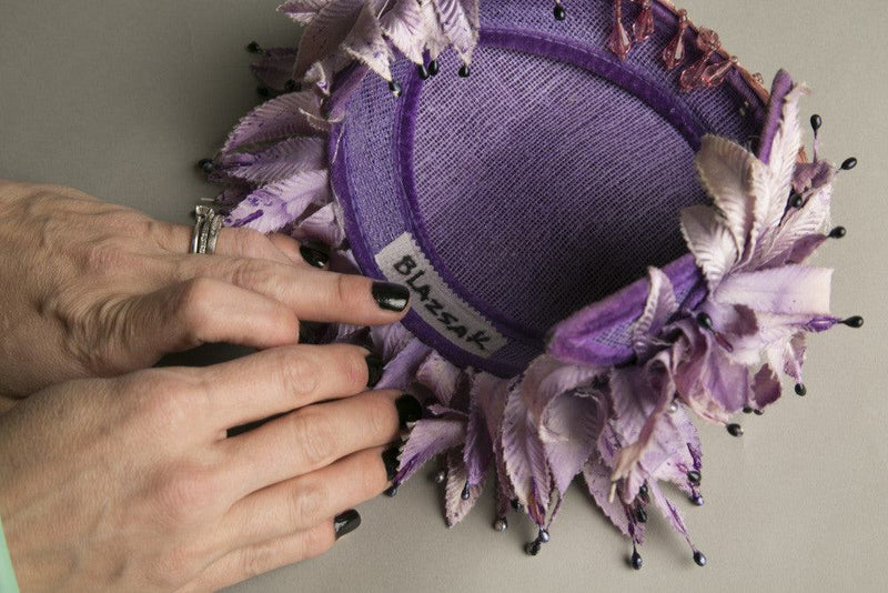 Blazsak Vintage Toque Hat with handmade crystals, beaded fascinators, and purple silk leaves.