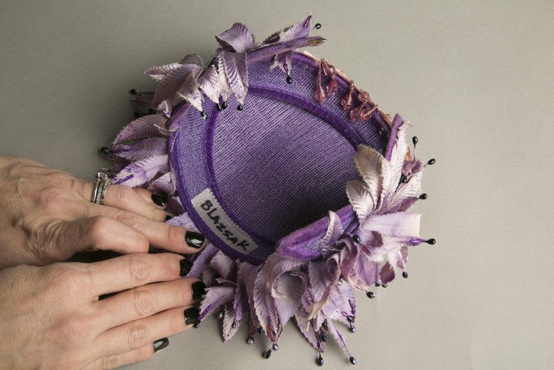 Blazsak Vintage Toque Hat with purple silk leaves, pink crystals, and grosgrain ribbon trim.