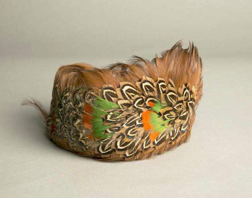 Vintage Feathered Toque Hat in orange, green, and brown with genuine bird feathers, 1970s millinery.