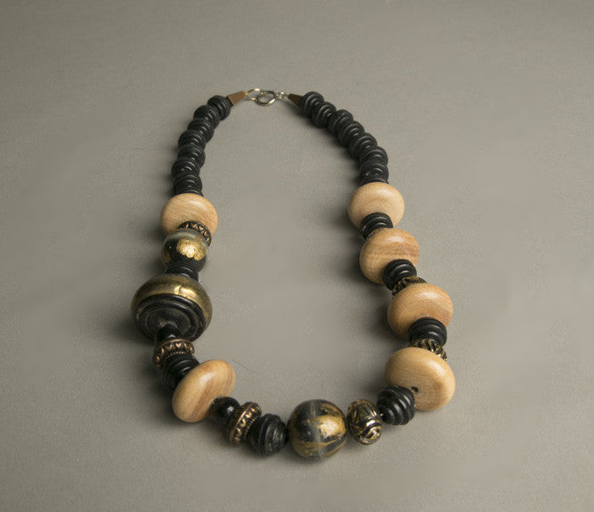 Ethnic Tribal Chic Necklace Golden Black Wooden Plastic Beads Modern Jewelry