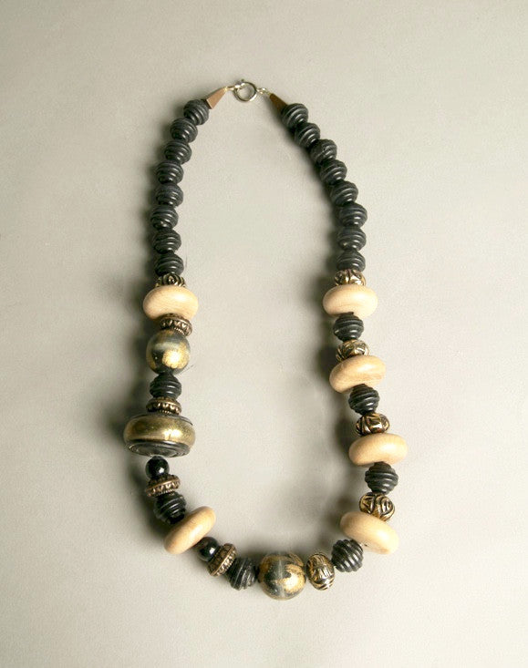 Ethnic Tribal Chic Necklace Golden Black Wooden Plastic Beads Modern Jewelry