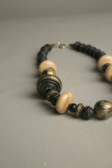 Ethnic Tribal Chic Necklace Golden Black Wooden Plastic Beads Modern Jewelry