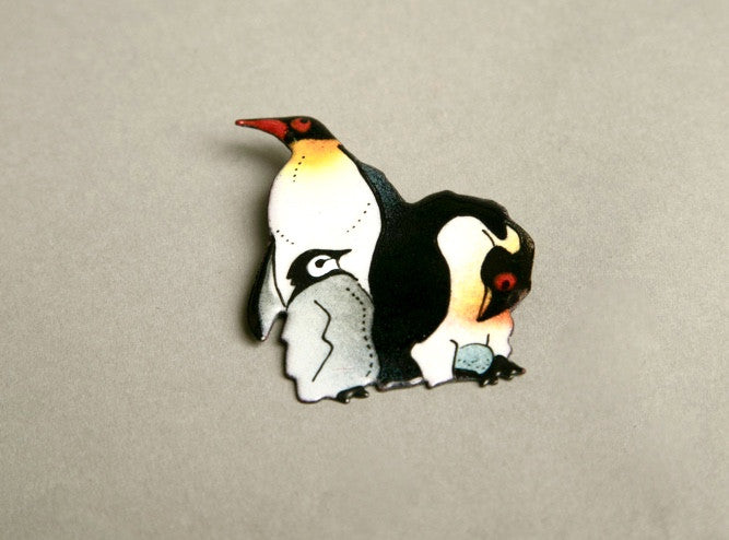 Penguin Family Brooch Figural Pin Artist Signed 1996 Handmade Vintage Jewelry