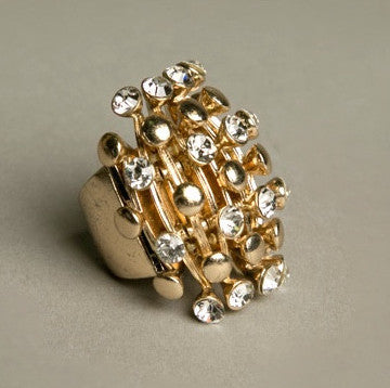 Bold Cocktail Ring Golden Rhinestones Adjustable Costume Jewelry