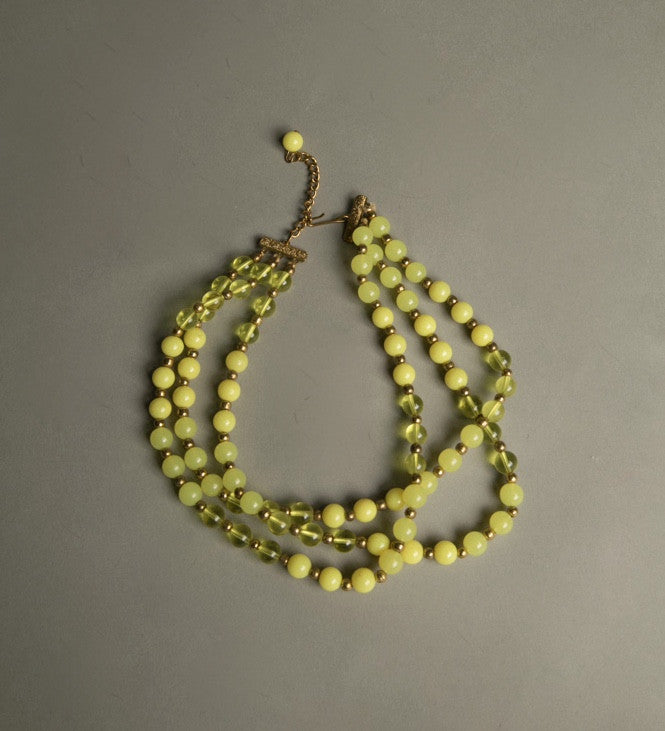 Yellow Plastic Necklace Multi-strands Beaded Vintage Jewelry