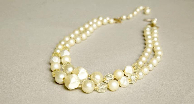 Retro short necklace with two strands of faux pearls, yellow crystals, and seed bead spacers from the 1960s Japan.