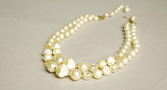 Retro Short Necklace Multi-strands Pearls Yellow Crystals Beaded Vintage Jewelry made in Japan 60s