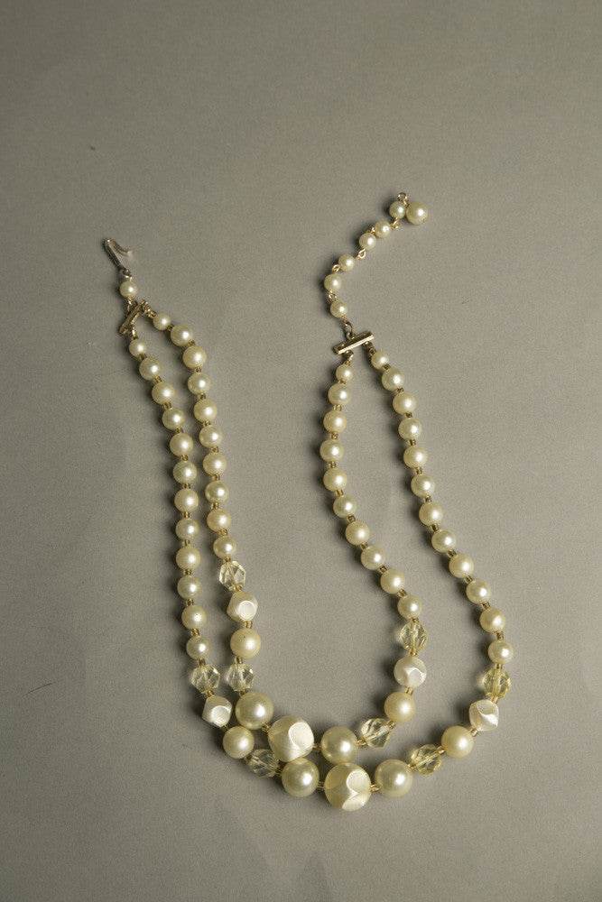 Retro short necklace with two strands of pearl-like beads and yellow crystals, vintage 1960s Japan.