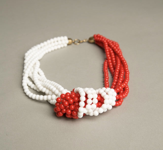 Red White Necklace Plastic Beads Retro Statement Vintage Jewelry