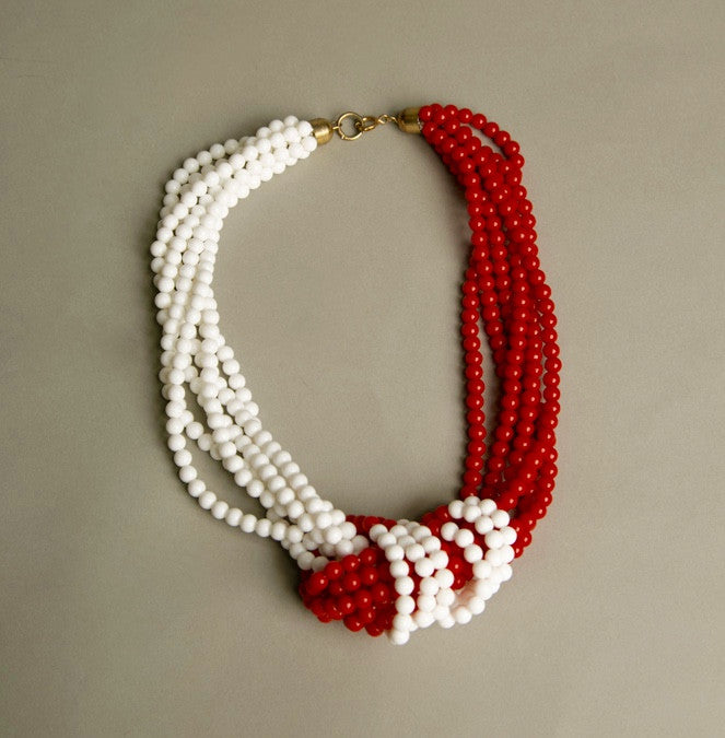 Red White Necklace Plastic Beads Retro Statement Vintage Jewelry