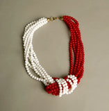 Red White Necklace Plastic Beads Retro Statement Vintage Jewelry