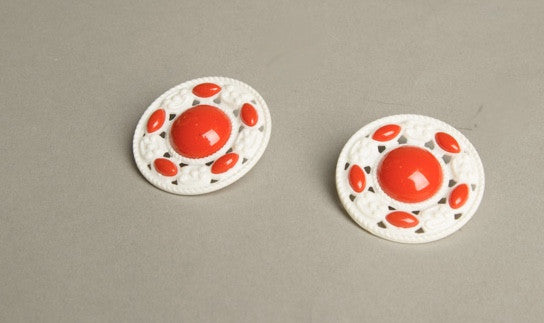 Retro Red White Clip on Earrings Carved Plastic Vintage Jewelry