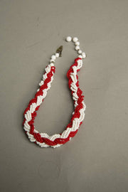 Vintage handmade ethnic jewelry, red white seed bead torsade choker necklace.
