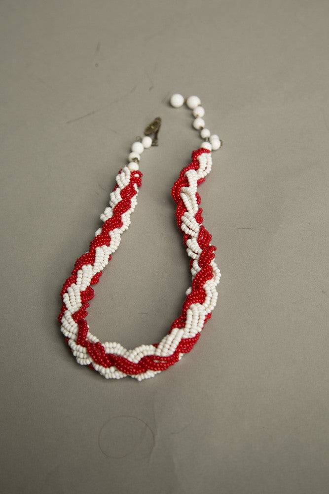 Vintage handmade ethnic jewelry, red white seed bead torsade choker necklace.