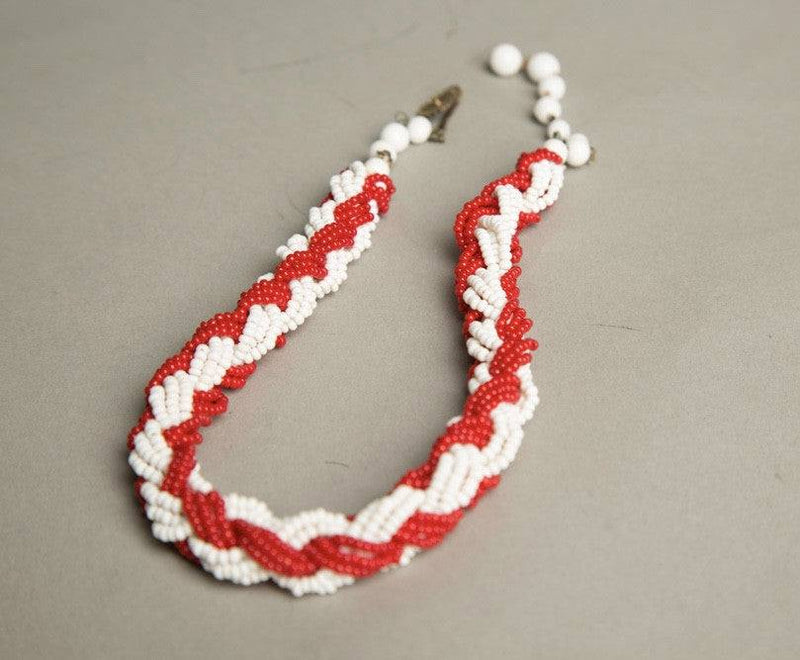 Vintage handmade ethnic jewelry red white seed bead torsade choker necklace.