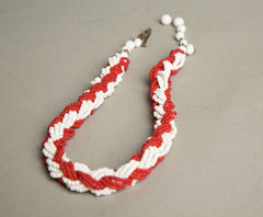 Vintage Handmade Ethnic Jewelry Red White Seed Bead Torsade Choker Necklace