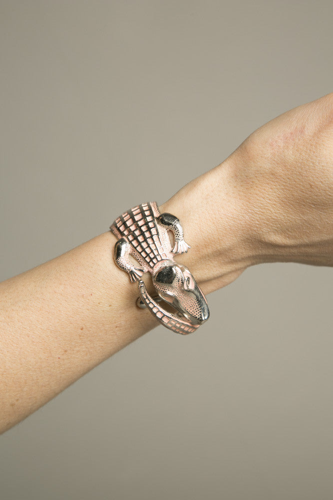 Pink Alligator Bracelet Hinged Cuff Novelty Vintage Jewelry