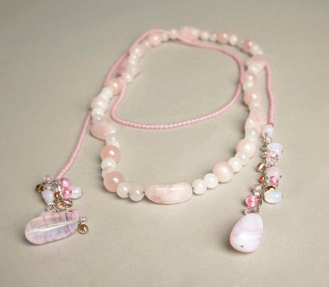 Pink Stone Necklace Set Genuine Agatha Rocks Lariat Scarf Jewelry handmade in Brazil