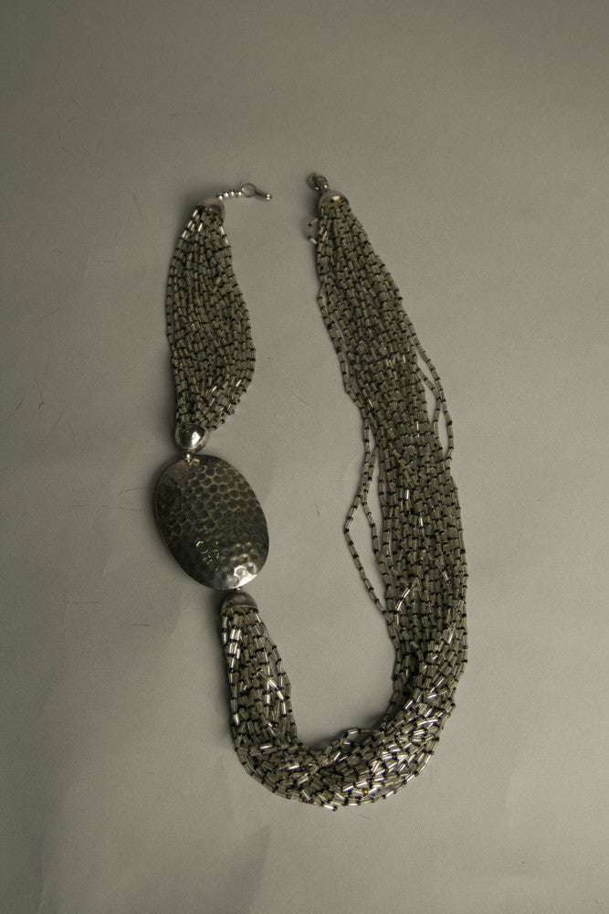 Silver Beaded Necklace Exuberant Long Bold Statement Handmade Vintage Jewelry