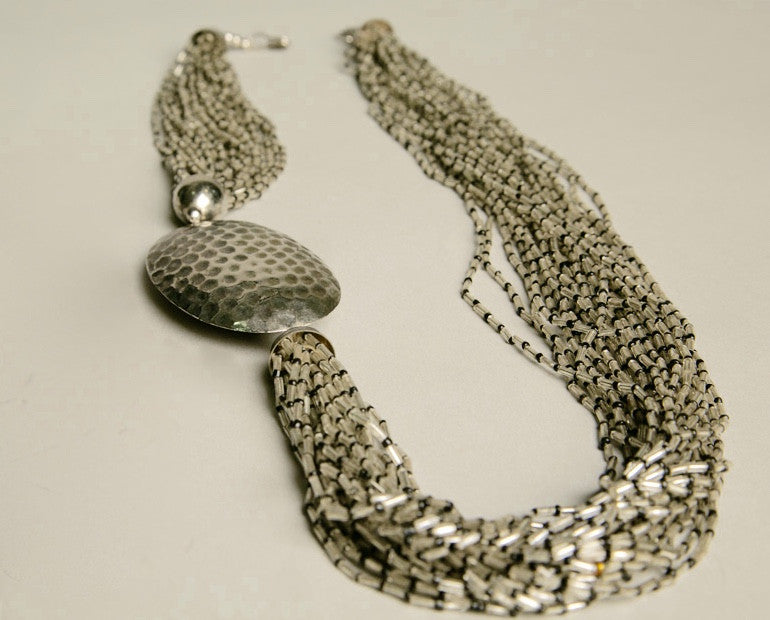 Silver Beaded Necklace Exuberant Long Bold Statement Handmade Vintage Jewelry