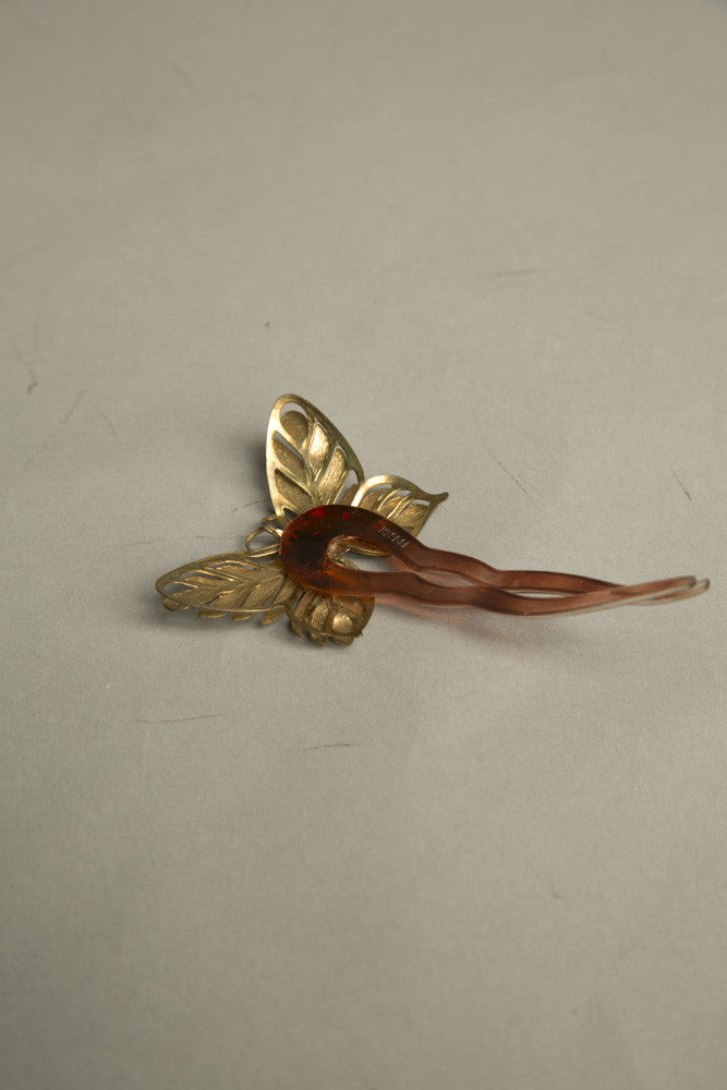 Butterfly Hair Pin Plastic Brass Vintage Accessories made in France