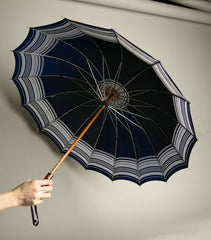 Kone Vintage Umbrella Pat Pend Root Beer Plastic Handle Navy Blue Nylon Rain Accessory