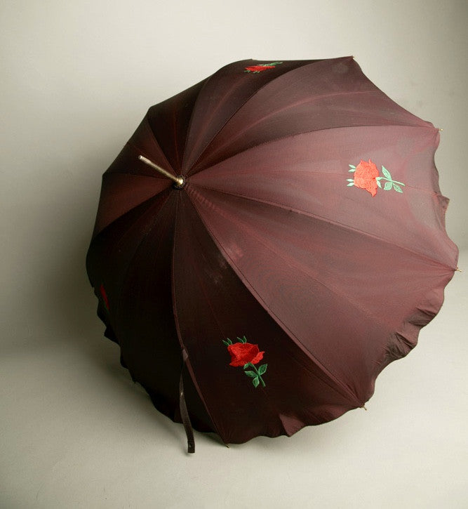 Red Roses Embroidered Vintage Umbrella Brown Acetate Quality Rain Accessory