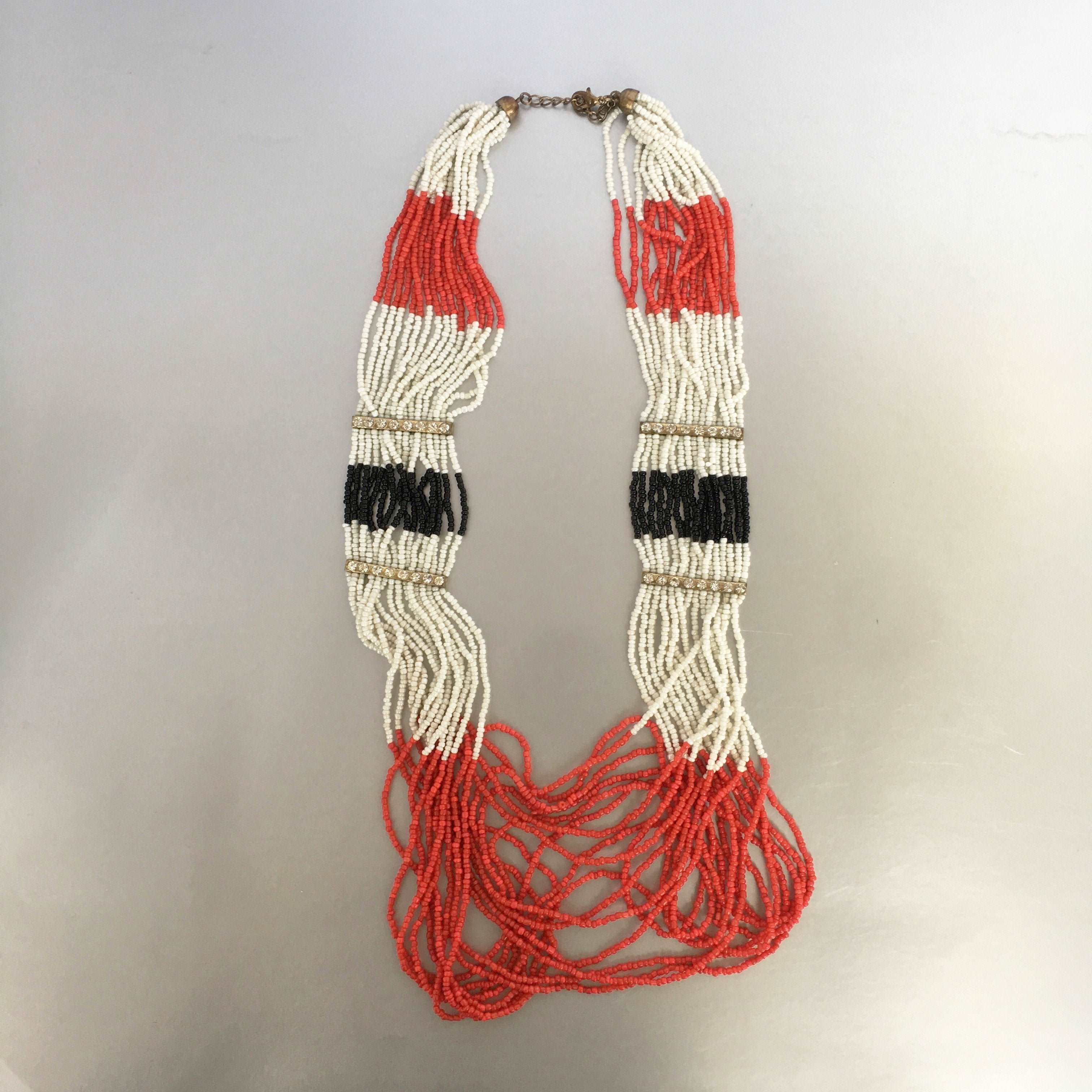 Black Red White Seed Beads Statement Necklace Vintage Jewelry