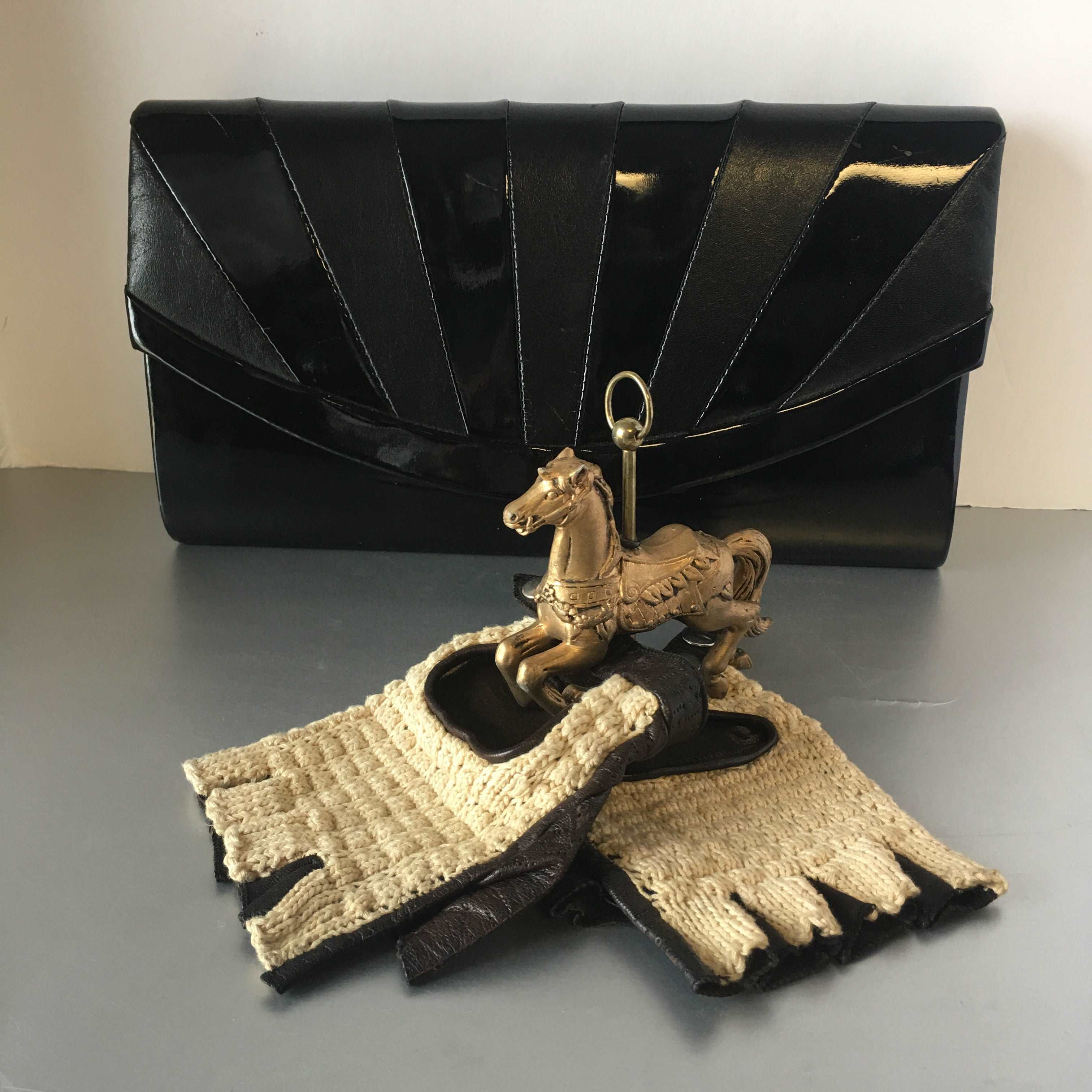 Black Patent Leather Envelope Clutch Bag Vintage Accessory