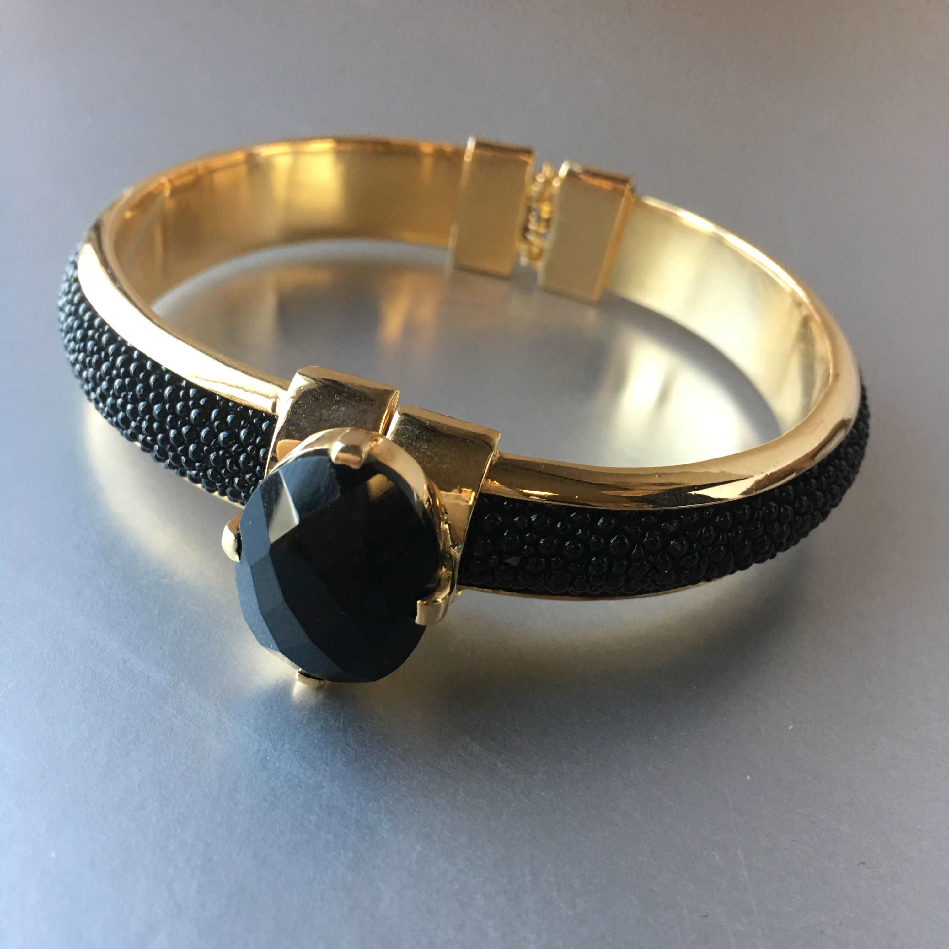 Black Onyx Bangle Golden Bracelet Contemporary Jewelry